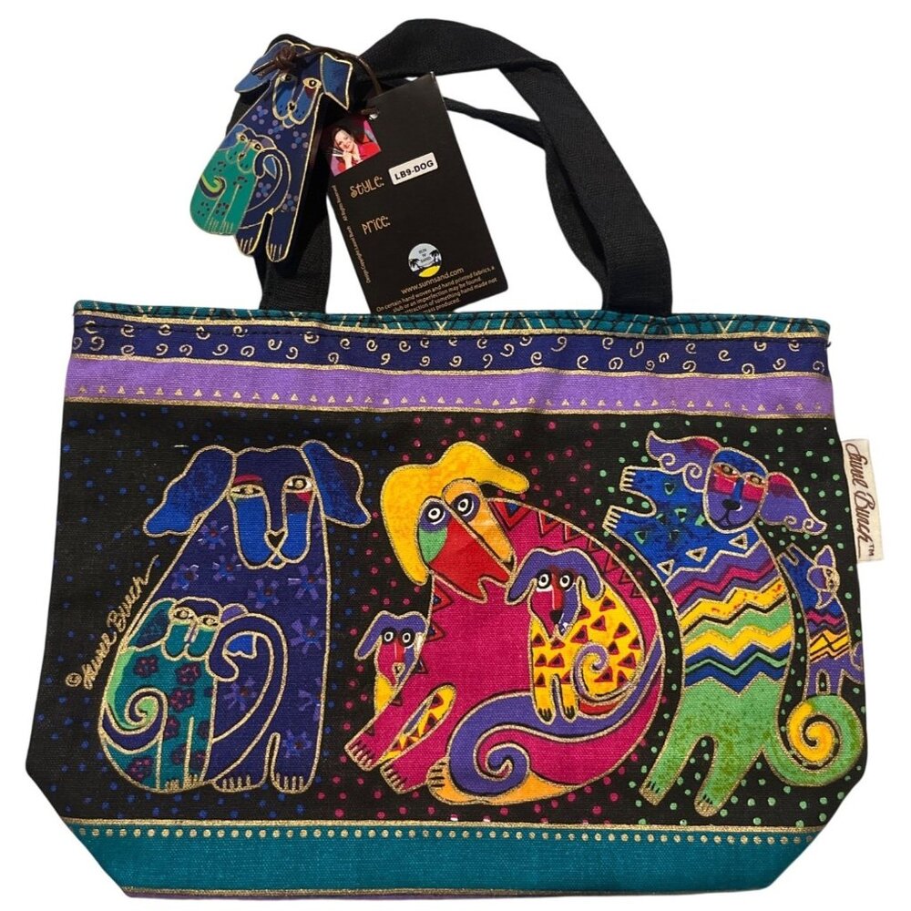 Laurel Burch Dog & Puppies Design Sm. Tote Bag w/ Vibrant Colors & Black Handles
